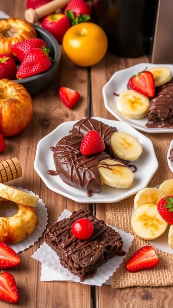 Easy Air Fryer Healthy Dessert Recipes A selection of healthy air fryer desserts: baked apples, chocolate banana bites, and brownies on a wooden table.